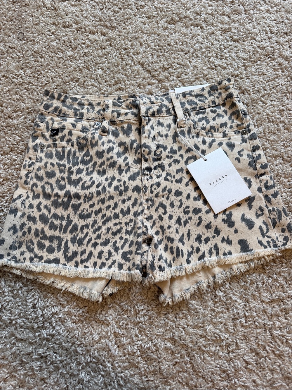 NWT Kancan Leopard Print Frayed Hem Women's Shorts - Beige/Black